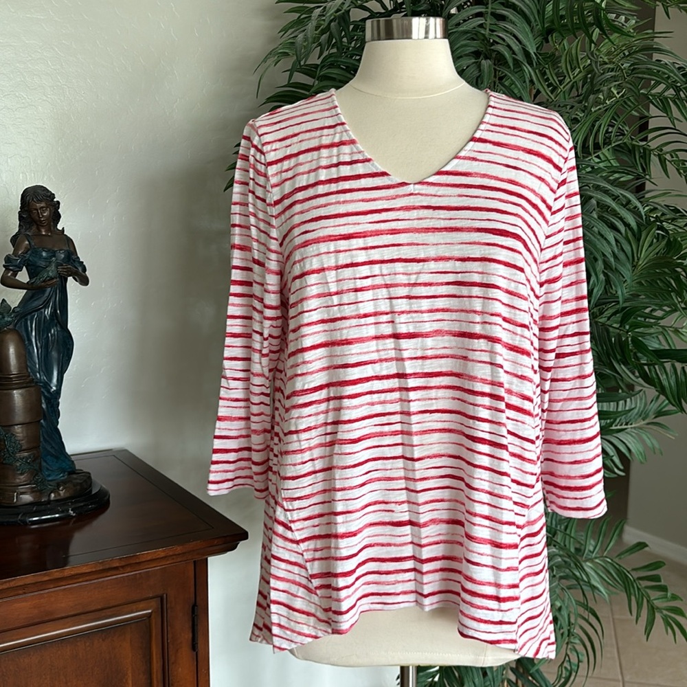 Chico's White and Red Striped V-Neck Tunic